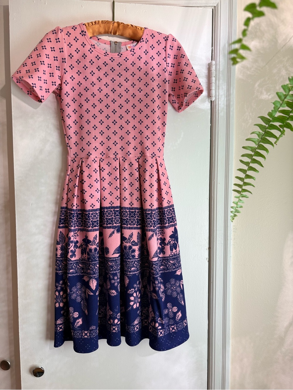 LuLaRoe Pink & Navy Floral Border Fit-and-Flare Dress